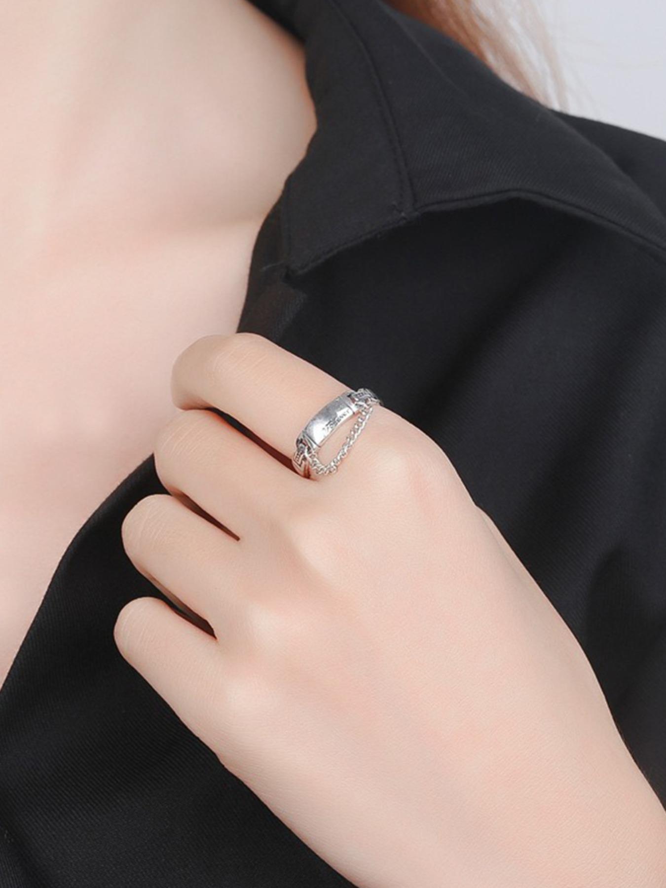 925 Sterling Silver Vintage Letter Design Engraved Ring, Adjustable Chain Design Ring for Women & Girls, Fashion Jewelry for Party, Daily Decor, Trendy All-match & Exquisite Jewelry for Birthday Gift, Valentine's Day, Gift