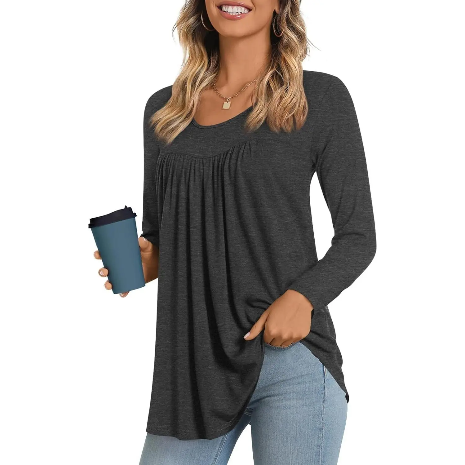 Women's Long Sleeve Casual Tunics Tops - 2026 Winter Loose Flare Blouse, Comfy Elastic, Cute