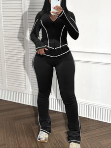 two-piece set women's striped zip up jacket & pants, street fashion long sleeve outerwear & high waist trousers for daily & valentine's day wear, ladies fall & winter clothes, womenswear, athletic outfit, activewear