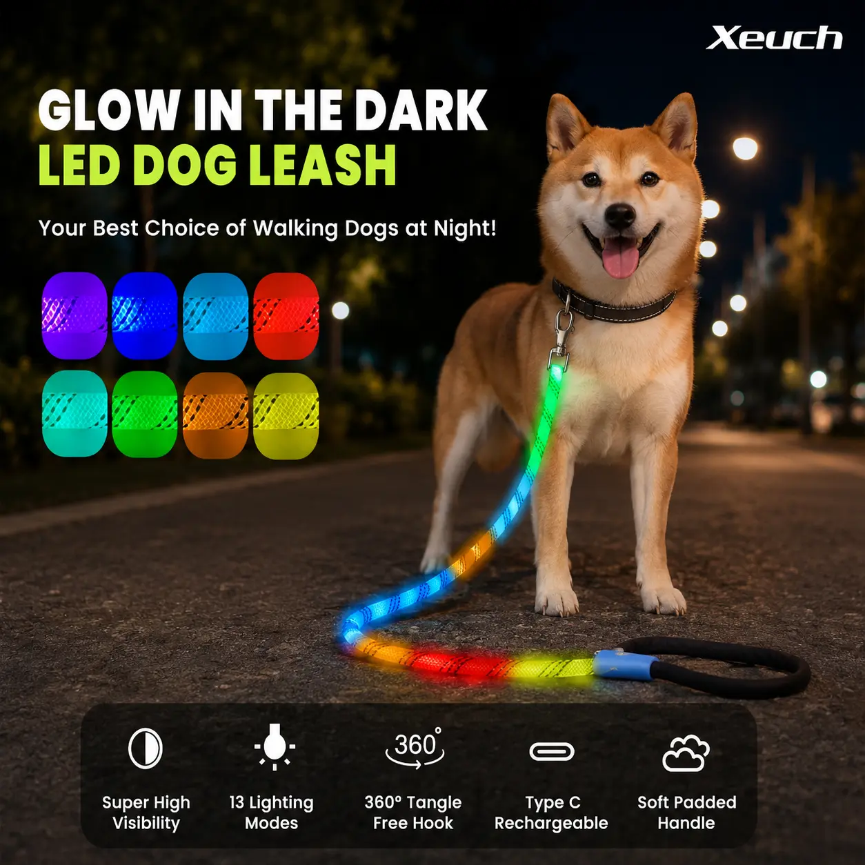 English:USB Rechargeable LED Glowing Dog Leash 13 Light Modes Anti-Tangle Hook Night Safety Walking Lead 4Ft for Small Medium Large Dogs