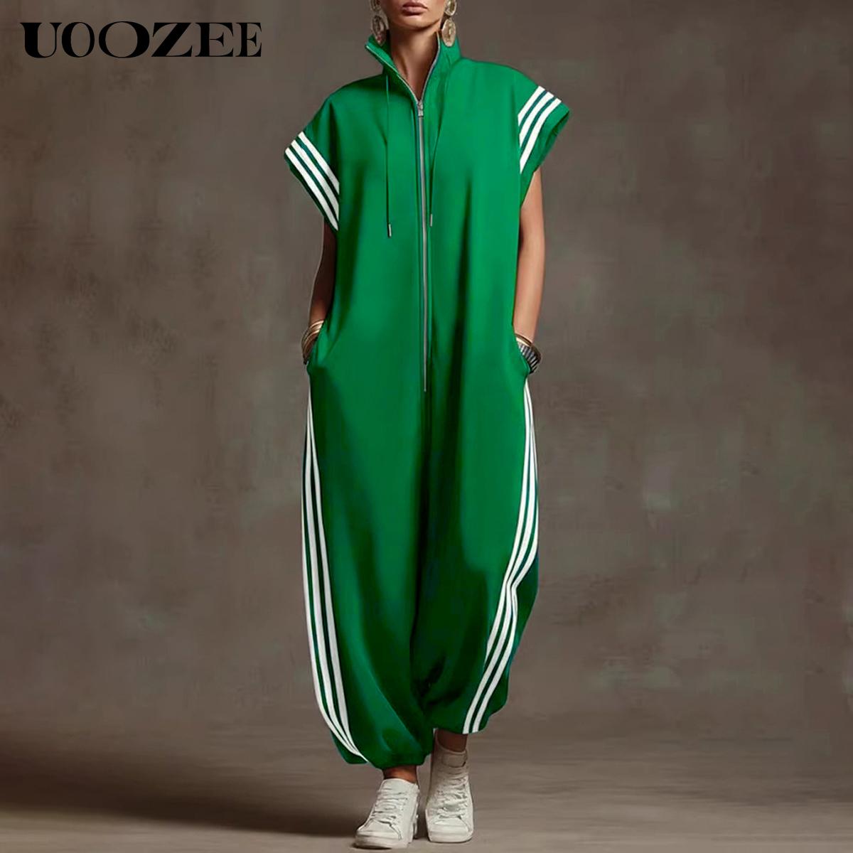 UOOZEE Women's New Summer Casual Side Stripe 100% Polyester Plus Size Contrast Color Pockets Jumpsuits, Loose Short Sleeves Zipper Stand Collar Ninth Pants One-Piece, Loungewear Streetwear Athletic Jumpsuit for Spring Summer Fall Womenswear UOOZEE Women's New Summer Casual Side Stripe 100% Polyester Plus Size Contrast Color Pockets Jumpsuits, Loose Short Sleeves Zipper Stand Collar Ninth Pants One-Piece, Loungewear Streetwear Athletic Jumpsuit for Spring Summer Fall Womenswear