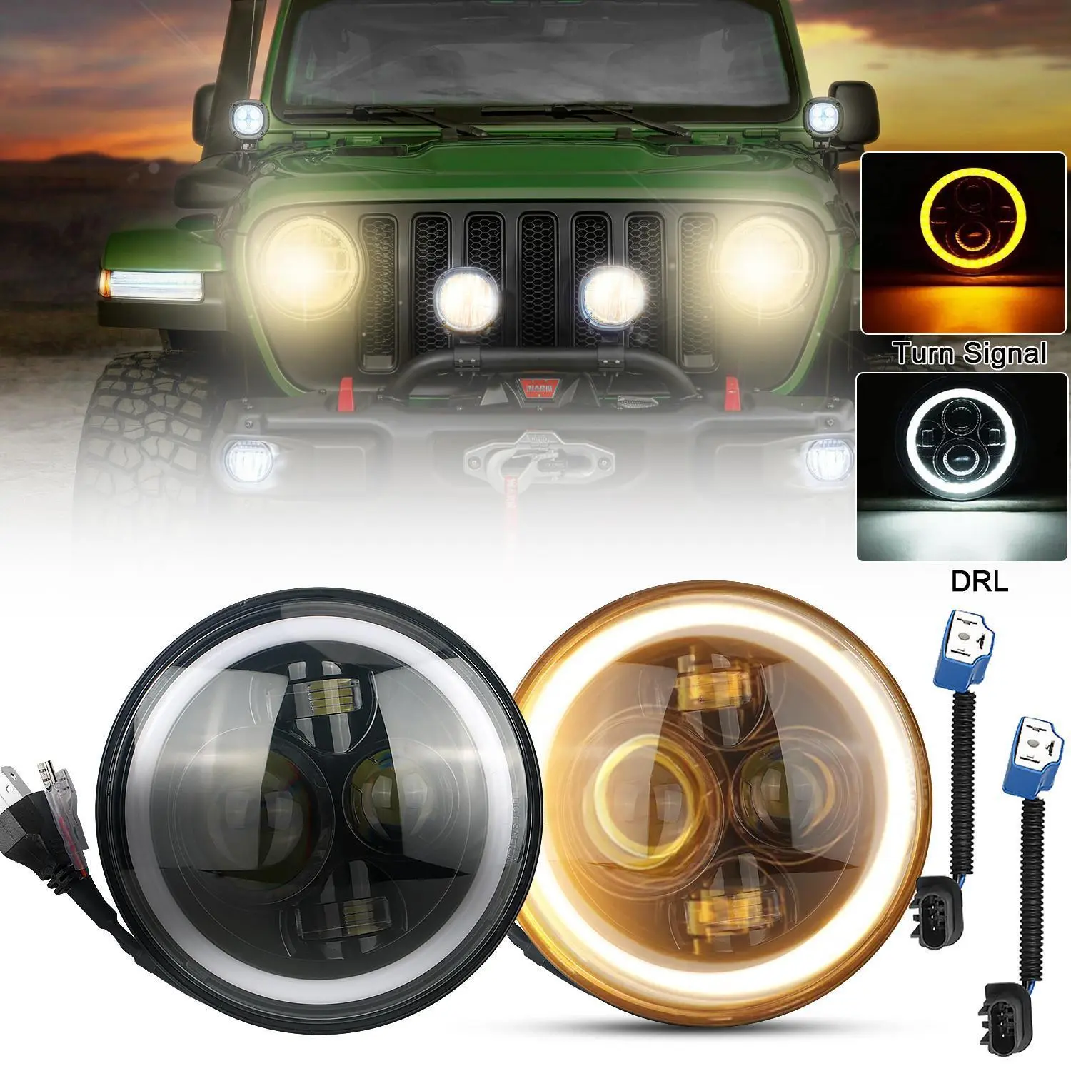 7 Inch LED Headlights Round Halo Angel Eyes DRL Amber Turn Signal Lights Fits Wrangler JK TJ LJ CJ with H13 Adapter summervibes☀️