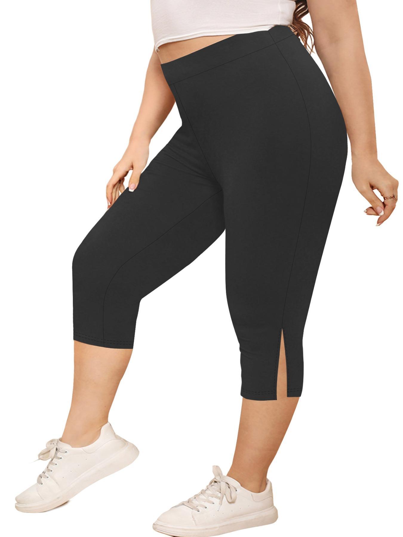 Plus Size Split Hem High Waist Capris Leggings, Casual Comfy Breathable Skinny Capris Pants for Yoga Gym Workout, Women's Bottoms for Summer
