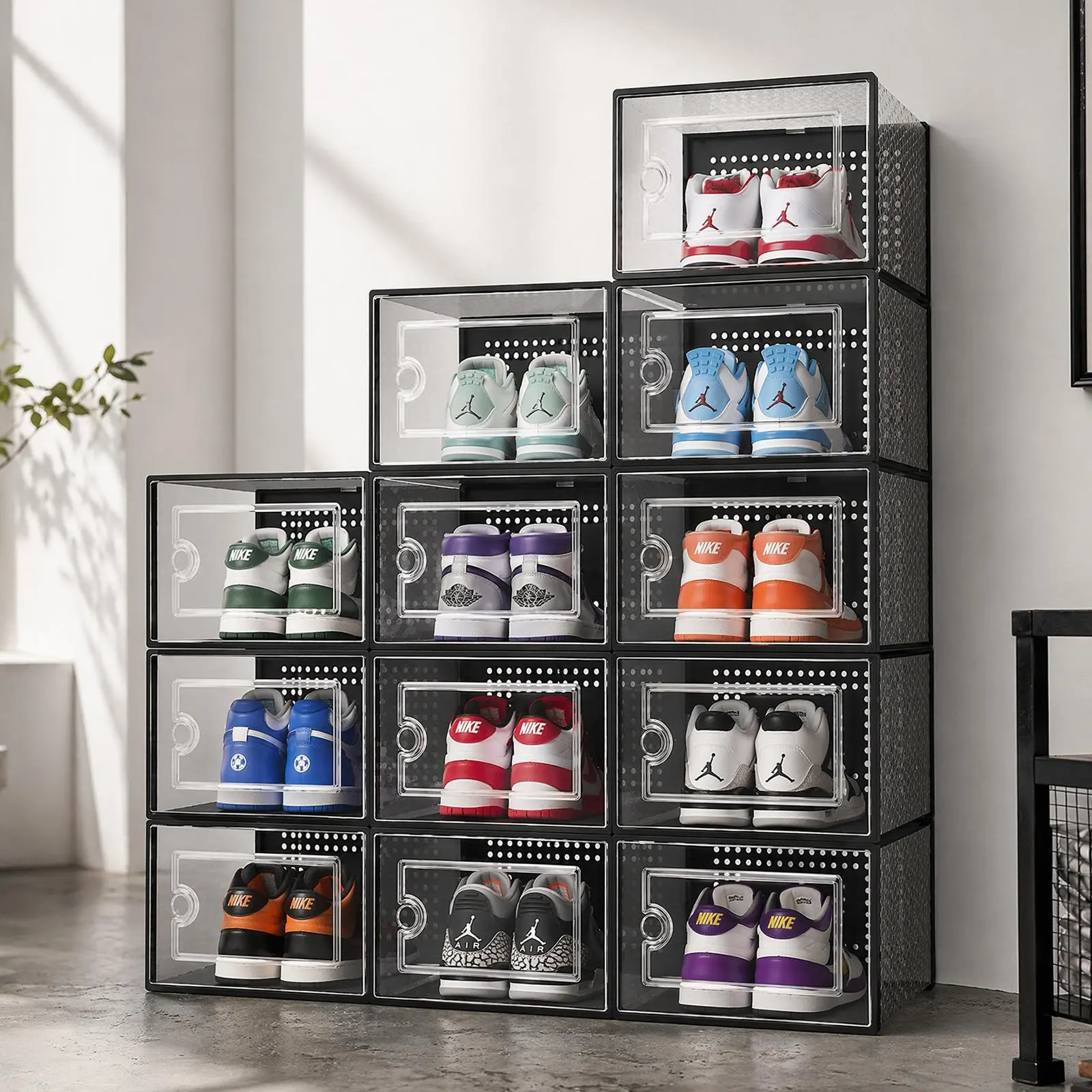 Large Shoe Organizers Storage Boxes for Closet, 12 Pack Clear Plastic Stackable Storage Bins with Lids, Under Bed Shoe Containers for Entryway, Drop Front, Fit up to Women's Size 10,Black