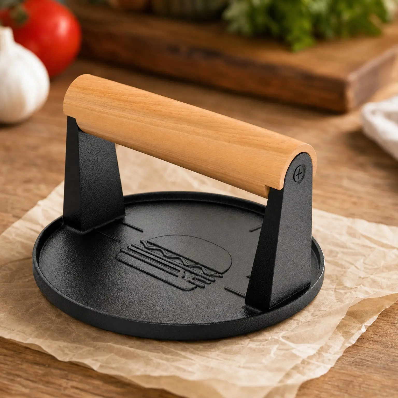 Pre-Seasoned Heavy Duty Cast Iron Smash Burger Press Kit - Heat Resistant Press for Griddle, Meat, Chef & Cooking - Includes 30 Patty Paper