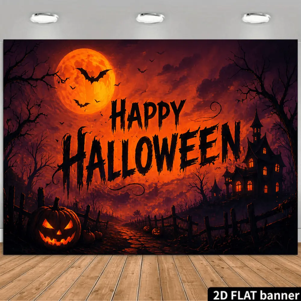 2D Flat Banner Happy Halloween themed polyester photography backdrop, HD digitally printed soft lightweight foldable background cloth, suitable for Halloween parties, event photos, studio shooting, product photography, portrait sh