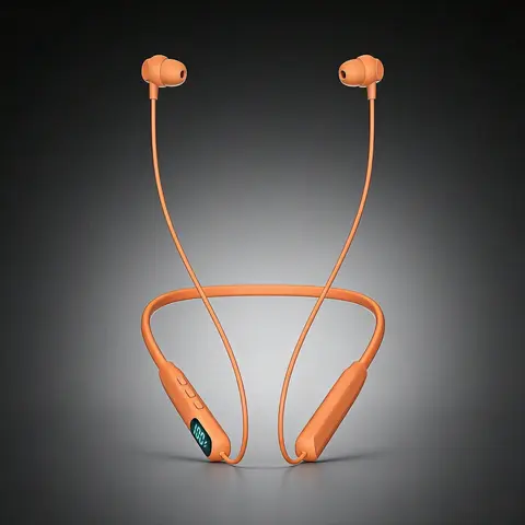 Safety Orange Work Neckband Earbuds Bluetooth 5.4 | 72H Long Playtime, LED Power Screen, IPX4 Sweatproof, Glove Friendly Buttons For All Day Warehouse & Courier Long Shifts,Noise