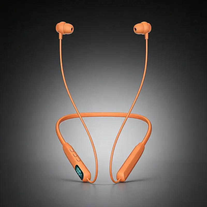 Safety Orange Work Neckband Earbuds Bluetooth 5.4 | 72H Long Playtime, LED Power Screen, IPX4 Sweatproof, Glove Friendly Buttons For All Day Warehouse & Courier Long Shifts,Noise
