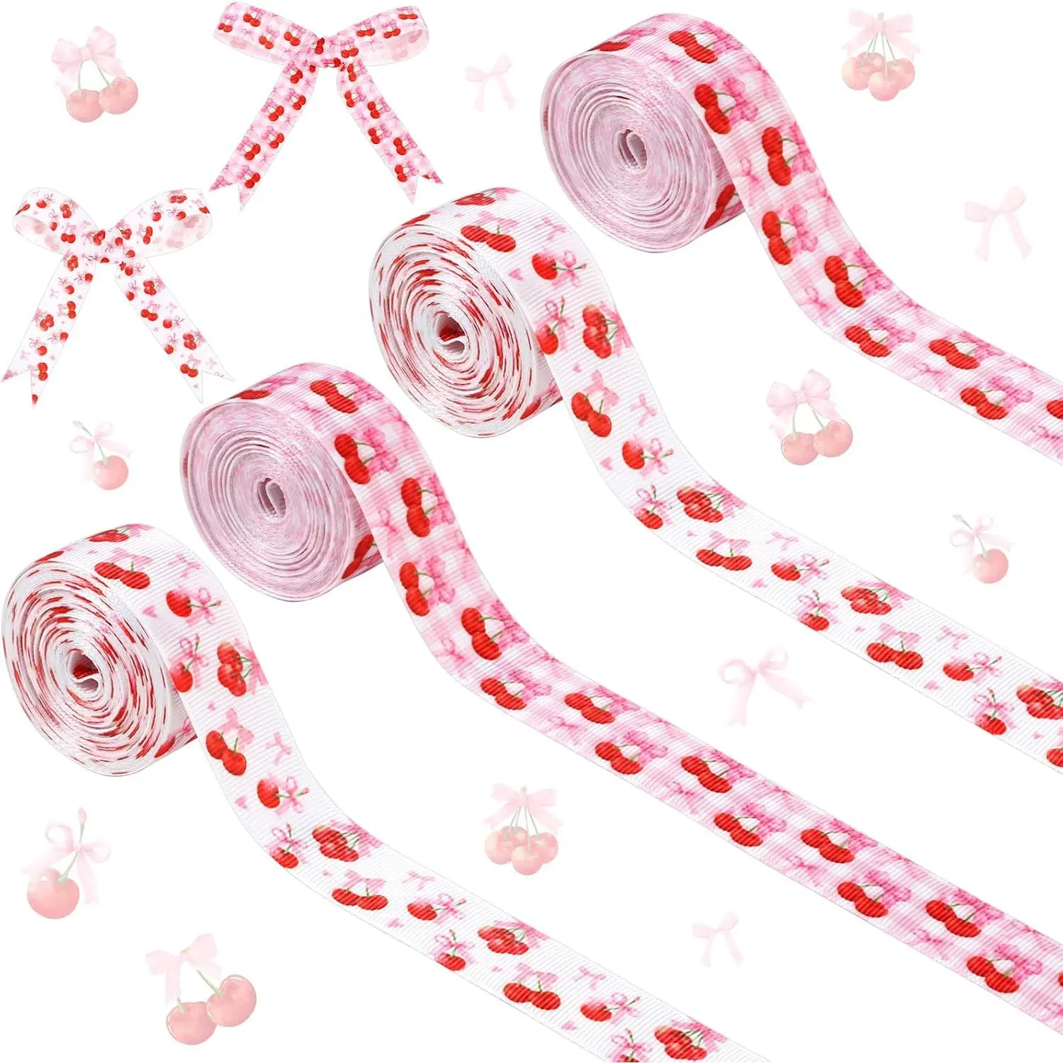 4 Rolls  Bow Cherry Theme Ribbons, 20 Yards Craft Ribbons for Wreath Hair Bow Wrapping Gifts Packing, Fruit Grosgrain Ribbon Birthday Wedding  Party  Accessory Decor