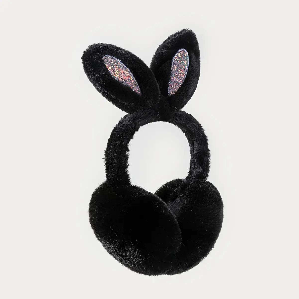 1pc Cute Pink Rabbit Ears Plush Ear Muffs for - Soft Warm Foldable Winter Accessories with Sparkling Embellishments, Adorable Animal Design for Cold Weather Comfort, Cozy Clothing Accessory, Playful Design, Durable Construction, Fashion Lovers