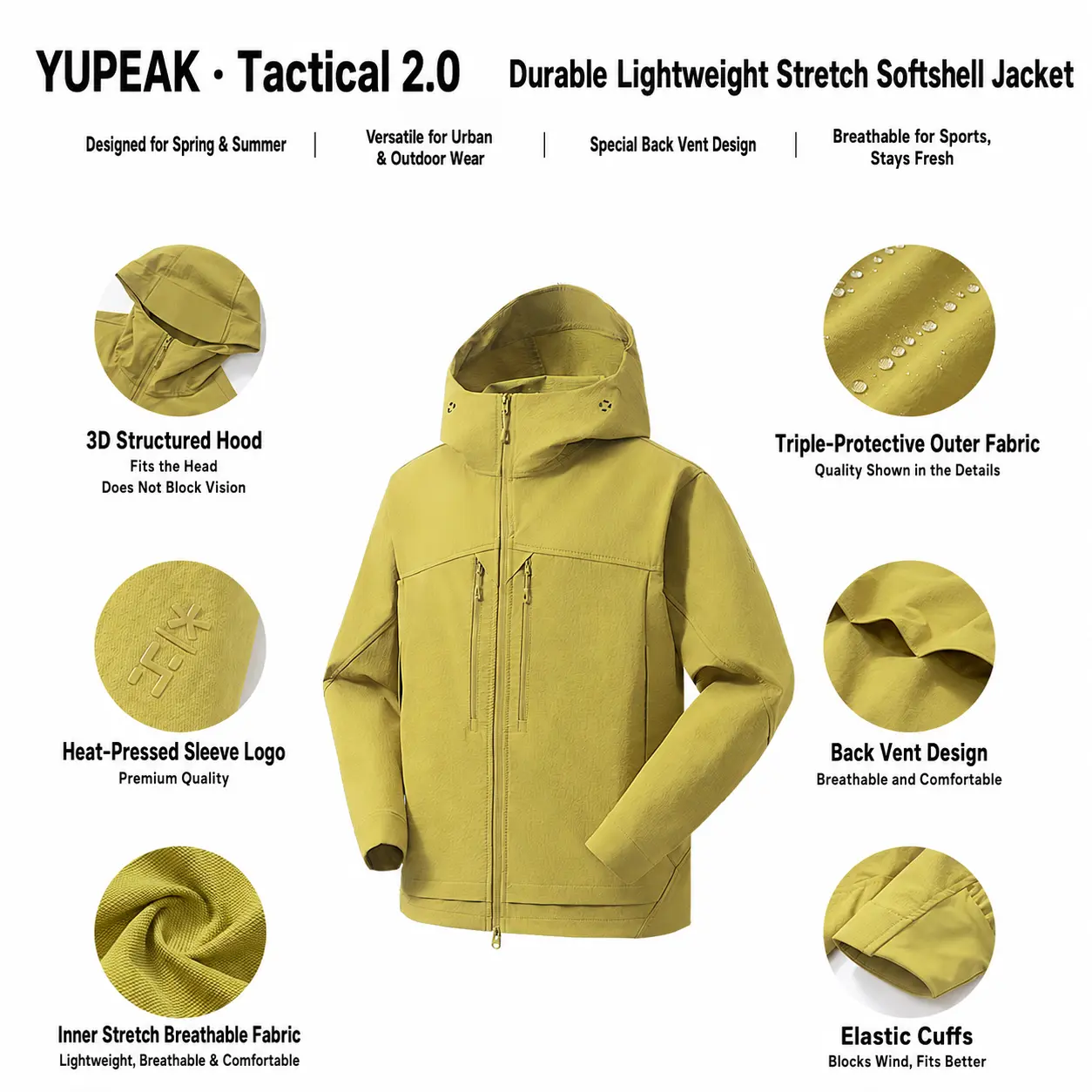 Men’s Lightweight Softshell Jacket, Outdoor Windproof Hooded Long Sleeve Coat, Breathable Stretch Hiking Jacket for Travel, Camping, Running, Cycling and Everyday Wear