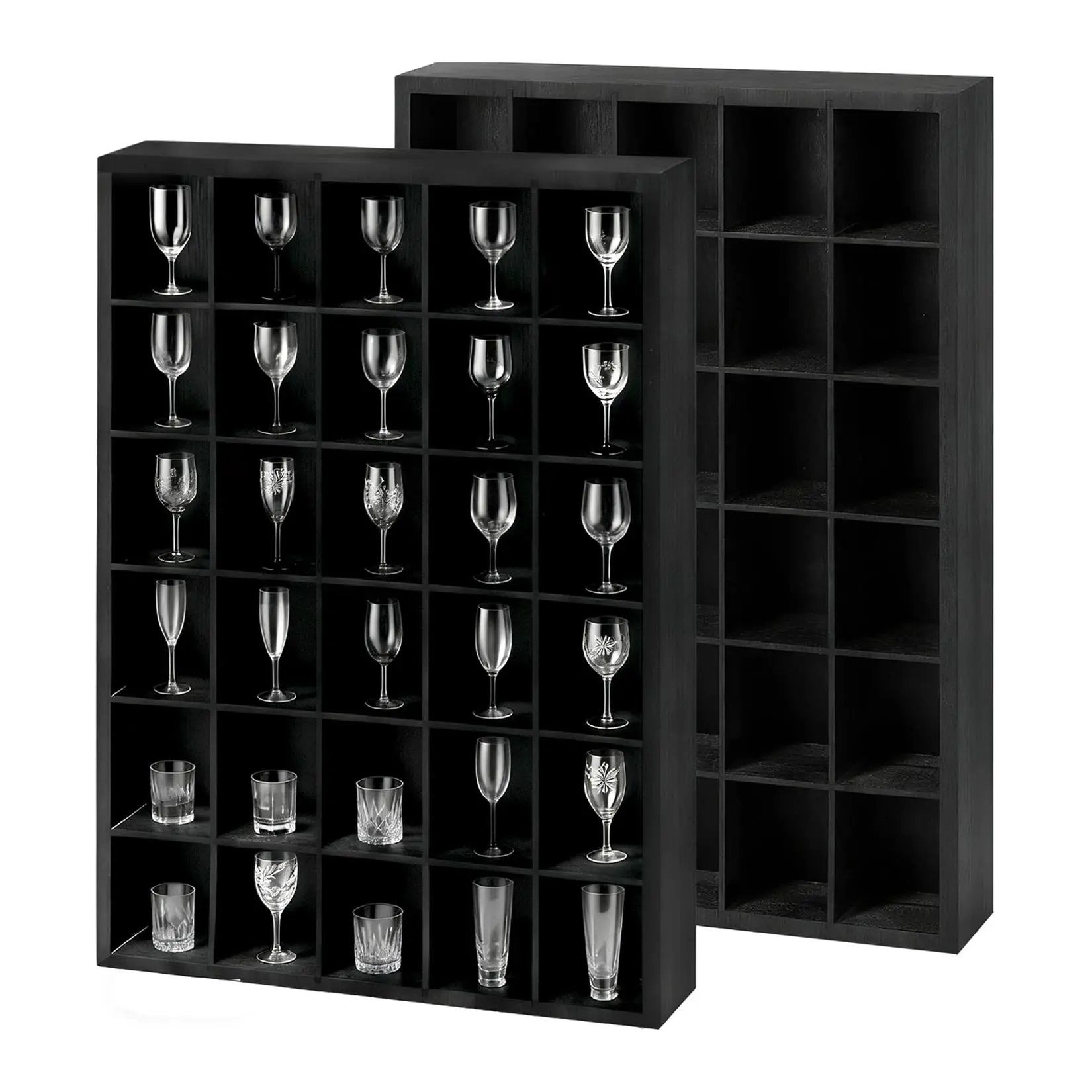 Garvee 2 Pcs Wooden Shot Glass Display Case with 30 Slots and Removable Shelves, Wall Mounted Shadow Box Cabinet for Collectible Shot Glasses, 17"x12", Black, Perfect for Bar, Home, Kitchen