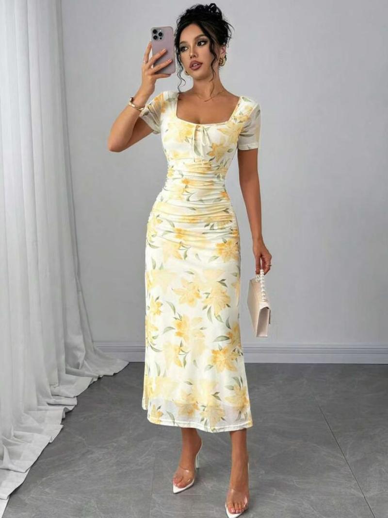 Women's Floral Print Dress, Elegant Dresses, Chic Elegant Aesthetic Short Sleeve Dress for Party Holiday Wedding Guest, Ladies Clothes for Summer, Womenswear