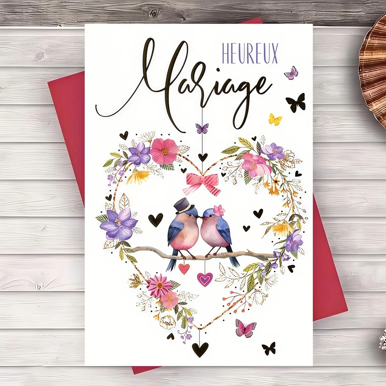 French Wedding Card Set, Heureux Mariage! Love Birds & Floral Heart Design, Includes Envelope, Perfect for Romantic Weddings & Gifts