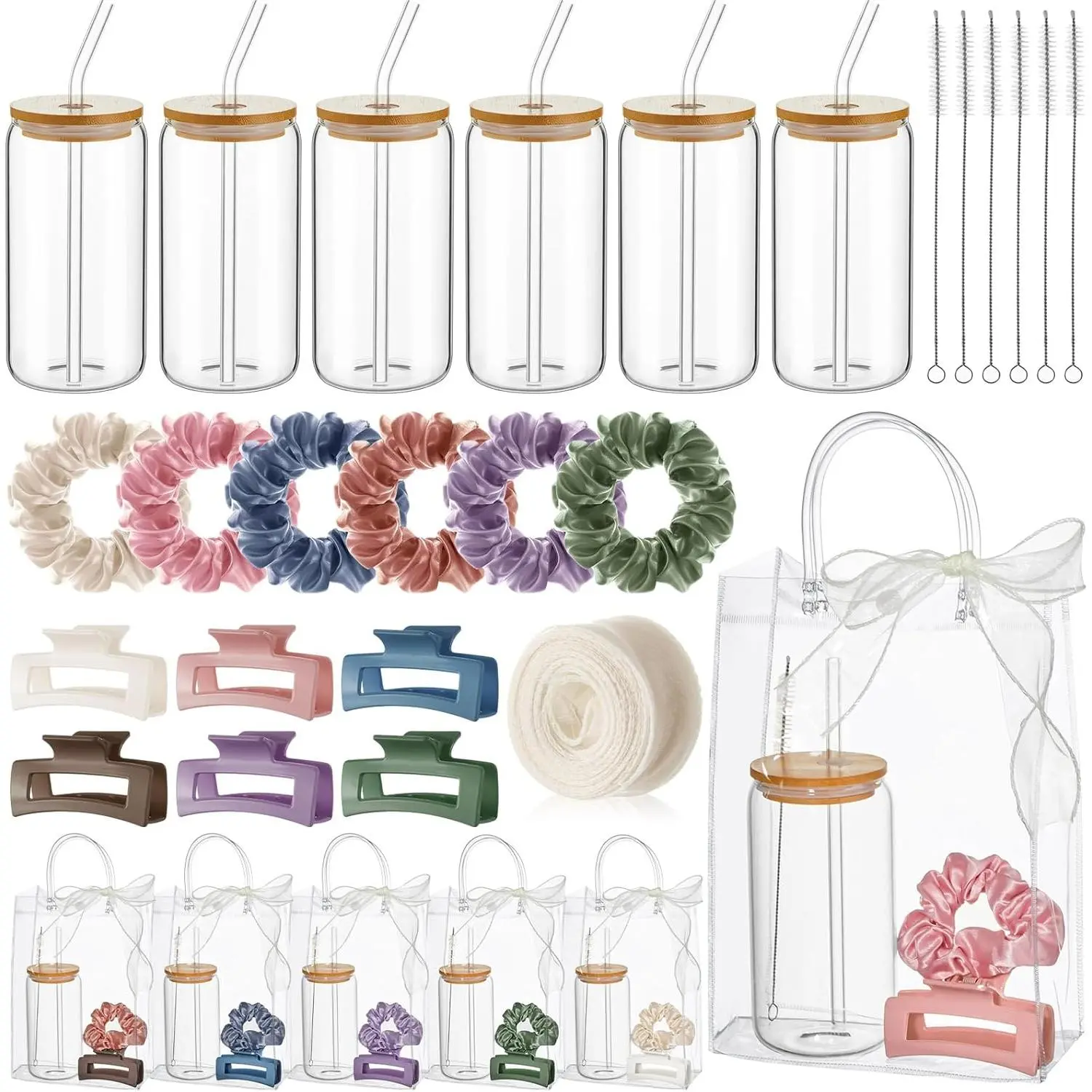 25 count/6 Set Birthday Gifts for Girls, Multicolor Birthday Gifts Party Supplies 6 Glass Cups 6 Hair Bands 6 Hair Clip 6 Tote Bags 1 Ribbon for Women  Sleepover Slumber Party Favor