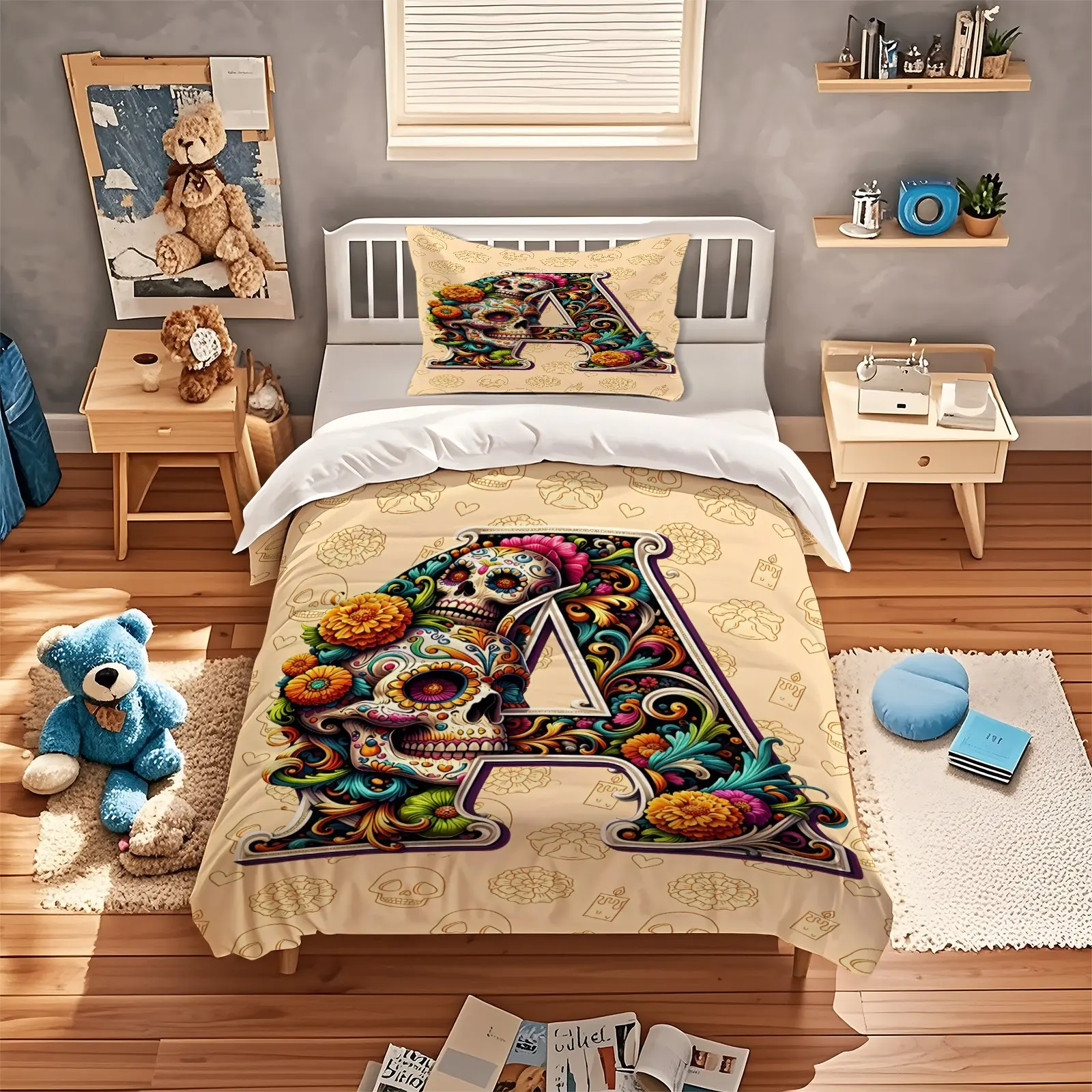 Personalized Skull Letter Duvet Cover Set, 1 Duvet Cover With 1/2 Pillowcase, Skull Flower Letter Bedding (a-z Full Letter Optional), Suitable For Bedrooms, Dormitories, And Guest Rooms