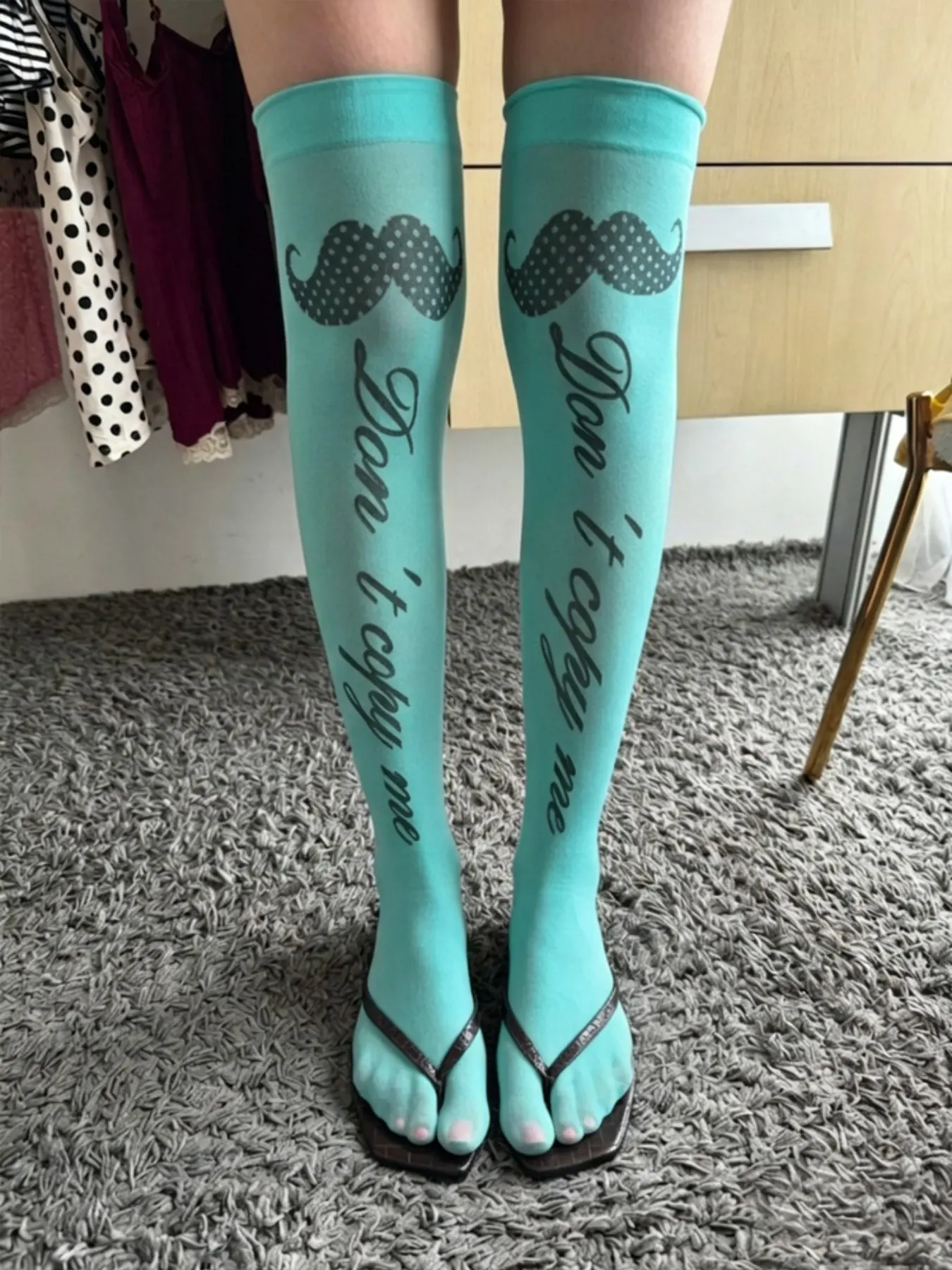 Mint Knee-High Socks, Retro Mustache Print, Summer Fashion, Unlined Stockings, Plain Surface, 88.2 G/m², Happy Socks Style, Casual Stylish Socks, Socks Women