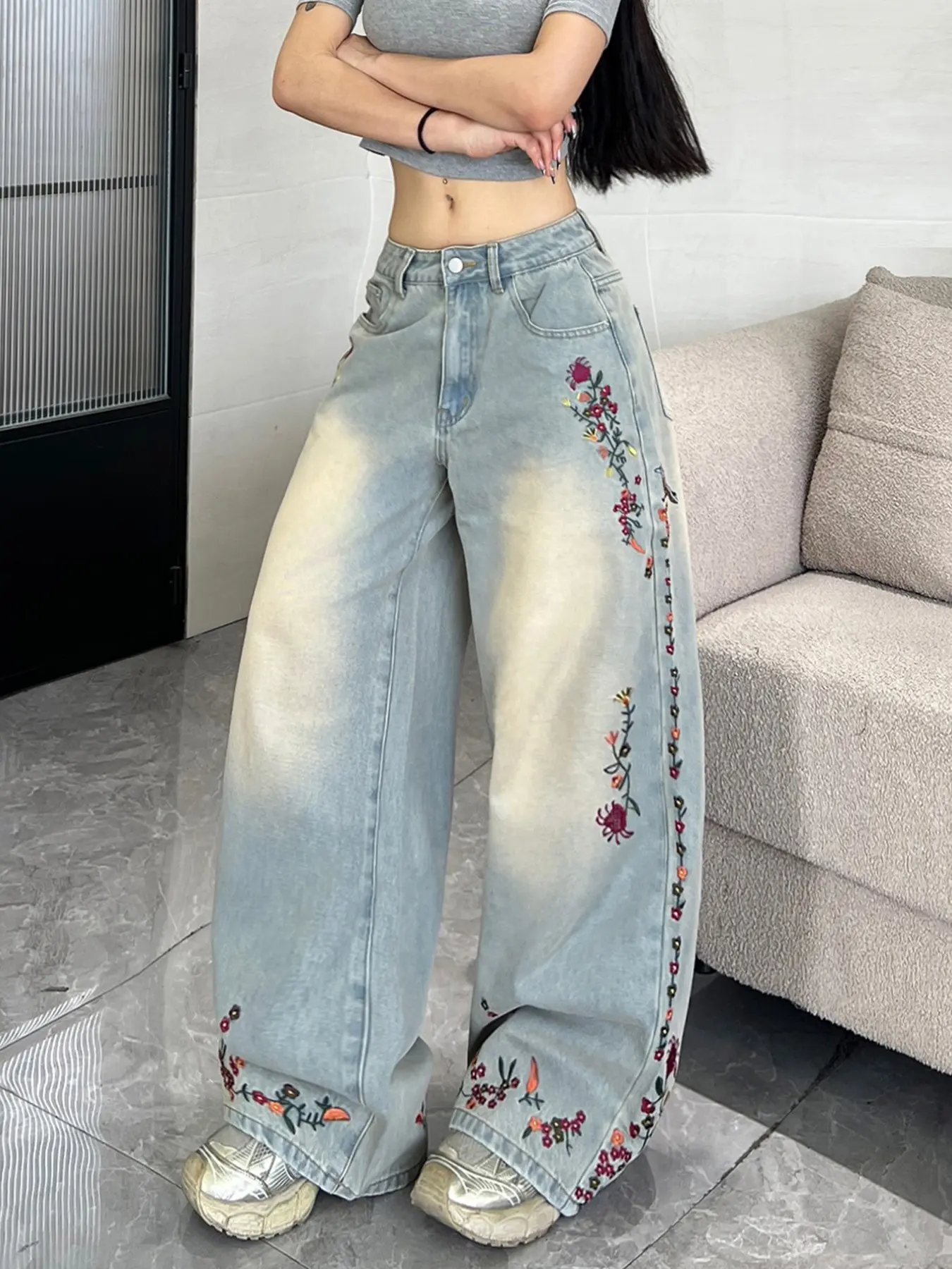 New Multi-Color Floral Embroidered Women's Jeans, Fashion Street Style Wide Leg Pants, Comfortable Loose Fit, All Seasons