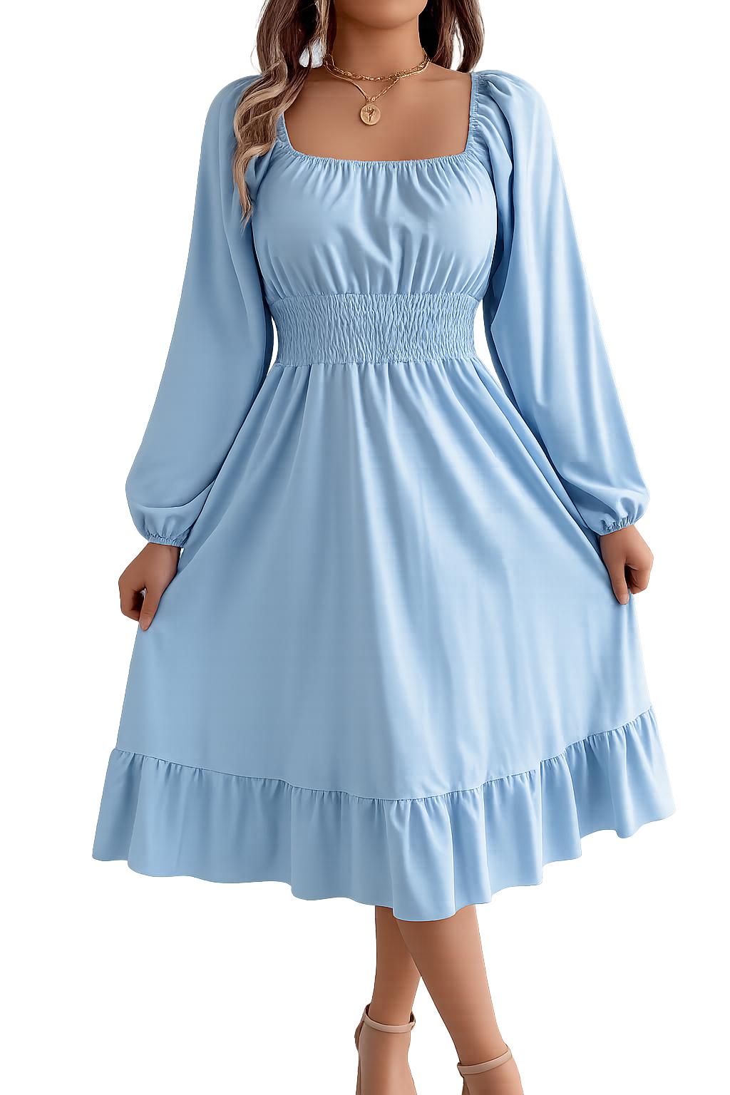 2026 Spring and Summer Leisure Solid Color Square Collar Long Sleeve Waist-Cinched A-Line Skirt