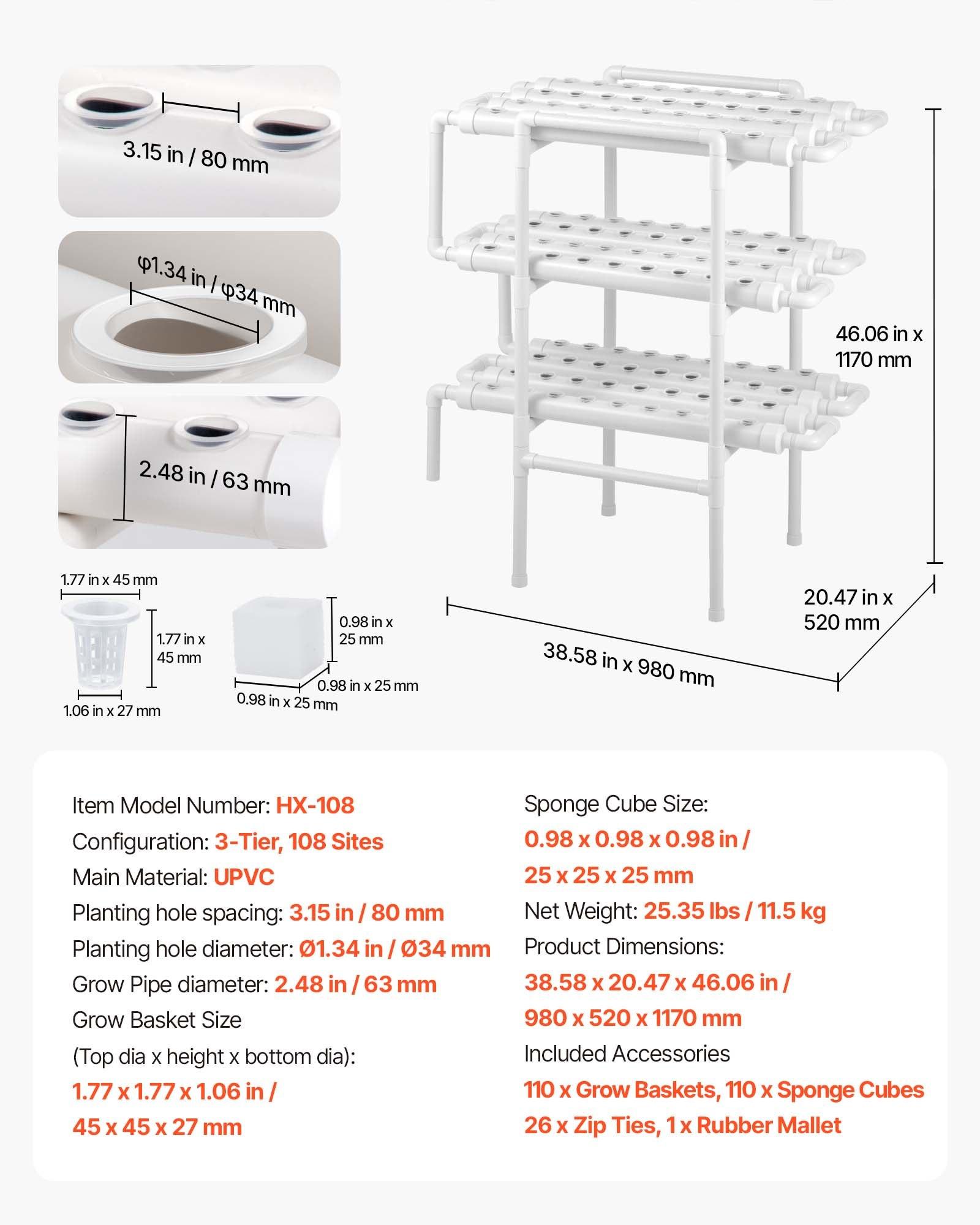VEVOR Hydroponics Growing System Kit, 3-Tier 108 Sites UPVC Pipe Hydroponic Grow Kit with Timed Irrigation, Thickened Hydroponic Pipes, Indoor Home Garden Vegetable Planting Grow Kits for Fruit Herb