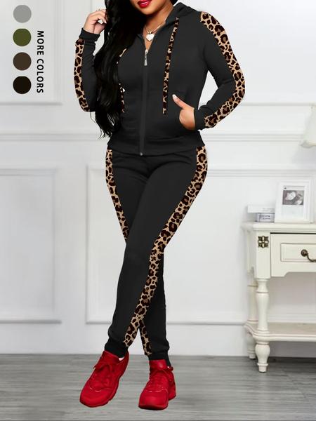 Women's Autumn Winter Long Sleeve Pants Matching Set, Solid Color Casual with Leopard Print Stripes, Perfect for Home & Party Wear