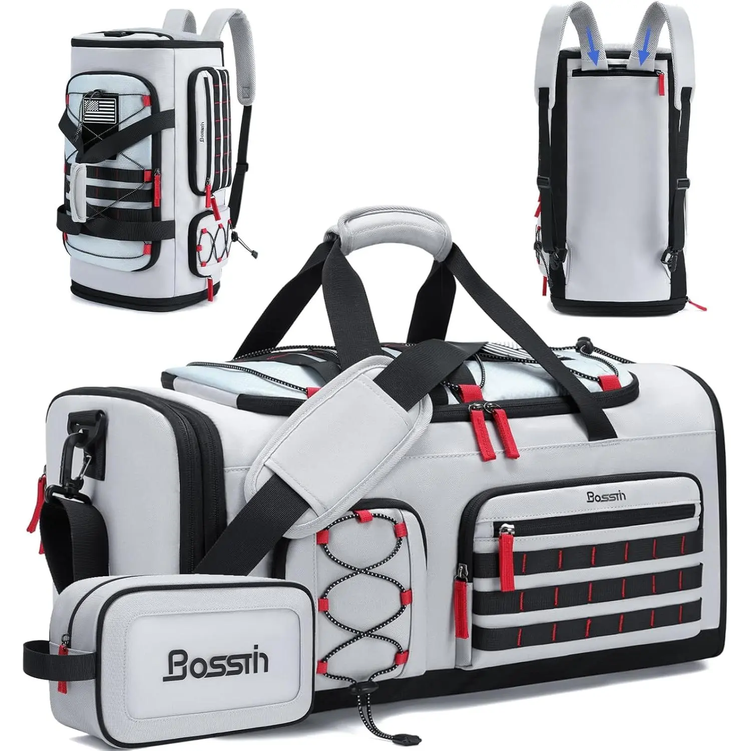 Bosstin Gym Bag for Men & Women, 45L Travel Duffle Sports Duffel Bag Gym Weekender Overnight Backpack with Shoe Compartment (Grey) | Convertible Duffel Backpack, Comes with Toiletry Bag, Shoe Compartment & Wet Pocket, for Workout, Weekender, Overnight Tra