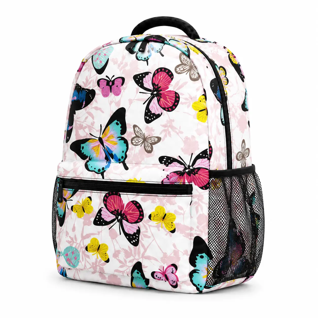 Girls' White Floral Butterfly Backpack - Lightweight Student Bookbag with Colorful Butterfly Print, Front Zipper Pocket, Side Mesh Pockets, Top Handle, Adjustable Shoulder Straps, Clear, for School, Travel, Daily Use