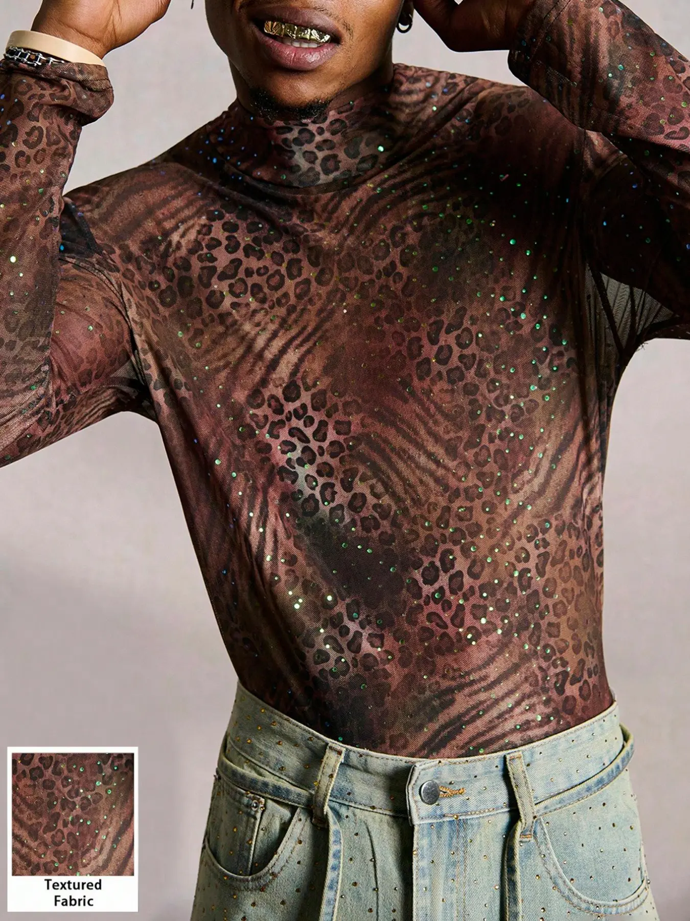 Men's Leopard Print Rhinestone Mesh Half-Neck Long Sleeve Top, Transparent Mesh Y2K Nightclub Festival Party Layering Underwear