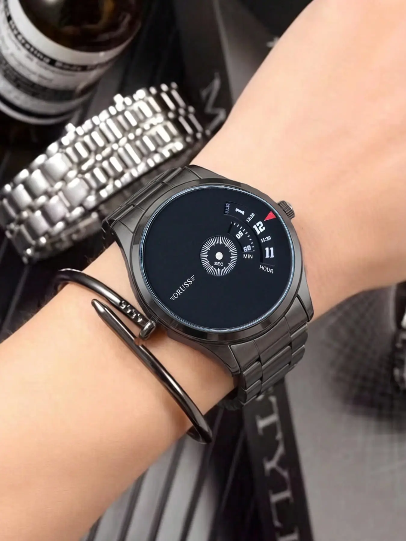 2-piece/set New Concept Steel Band Men's Watch, Simple and Grand Student Sports Quartz Watch Set