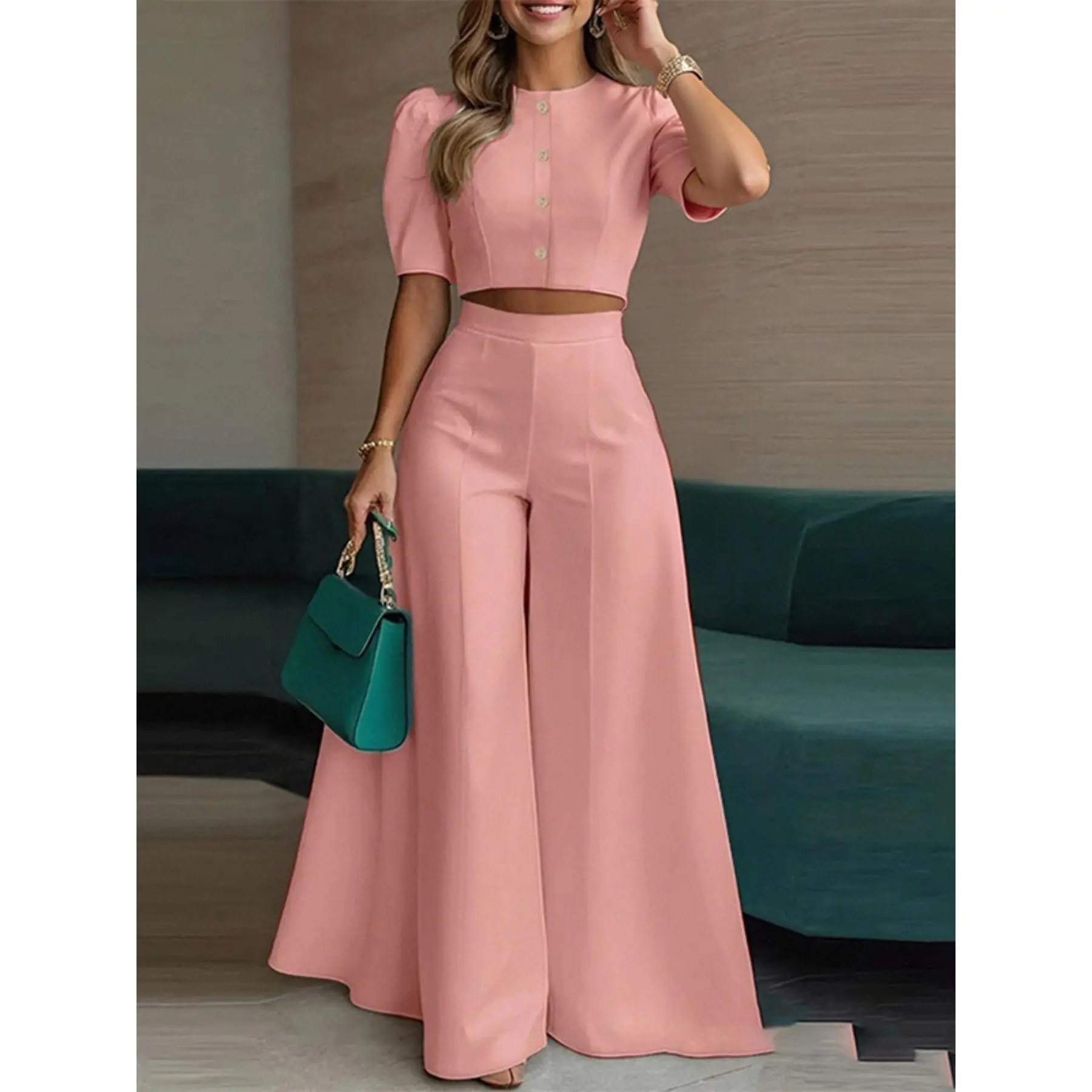 2026 Spring Summer Women's 2pcs Outfit, Casual Cropped Top and Long Pants Set, European American Fashion Matching Lounge Set