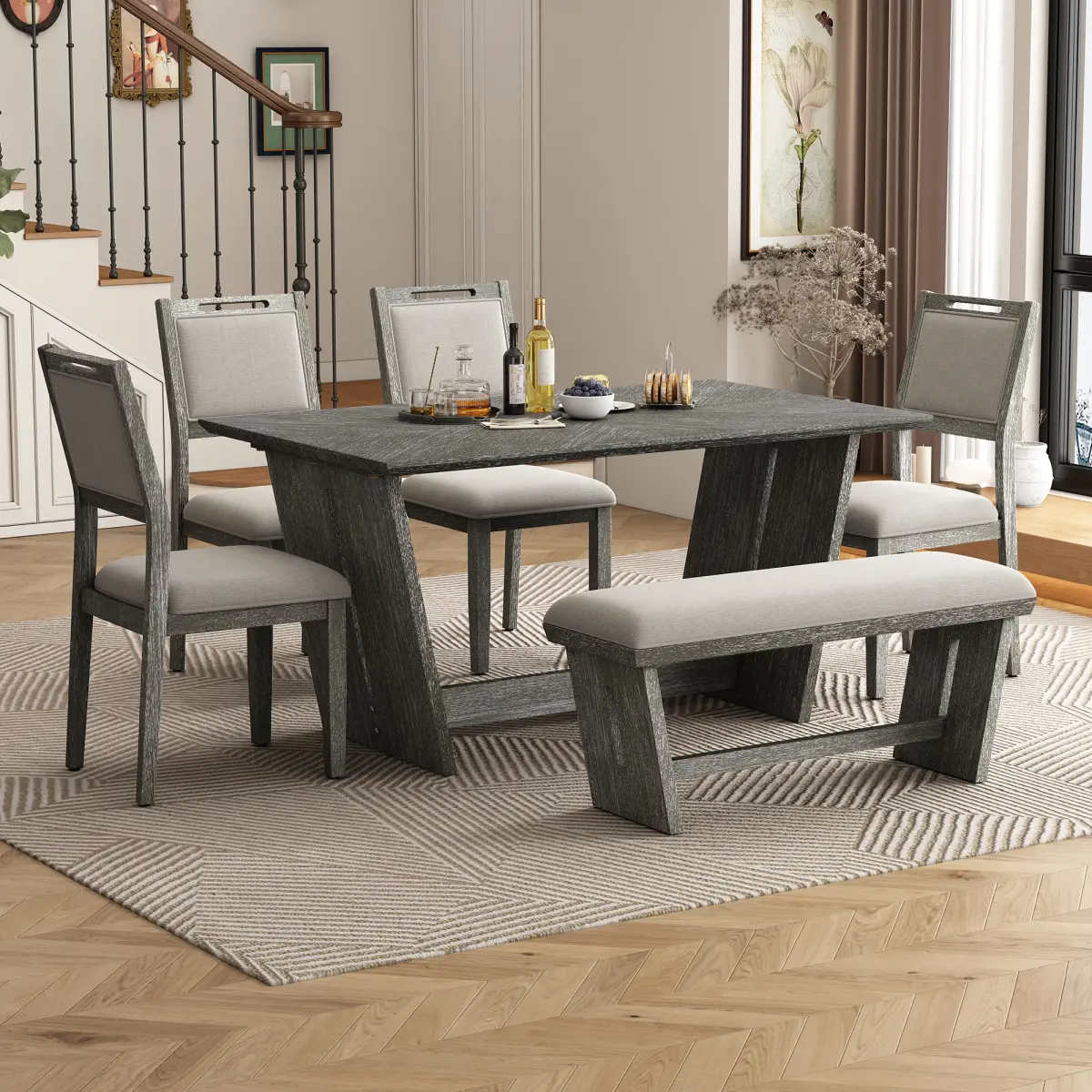 59.8" 8-Piece Retro Farmhouse Dining Set with 6 Upholstered Chairs & Bench – Vintage Rustic Table with Trapezoidal Base, Carved Chairs, Rubber Wood, 2 Colors