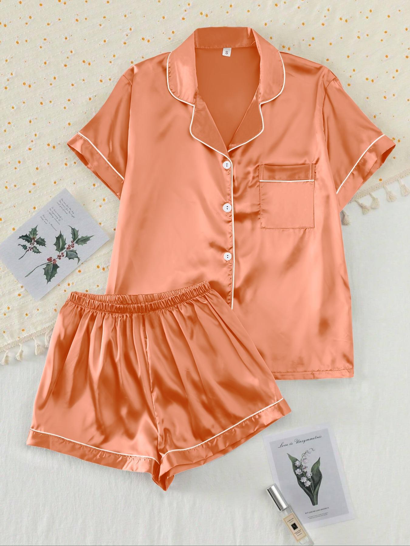 【Valentine's Day】Two-piece Set Women's Shirt & Shorts Satin Pajama, Ladies Summer Sleepwear