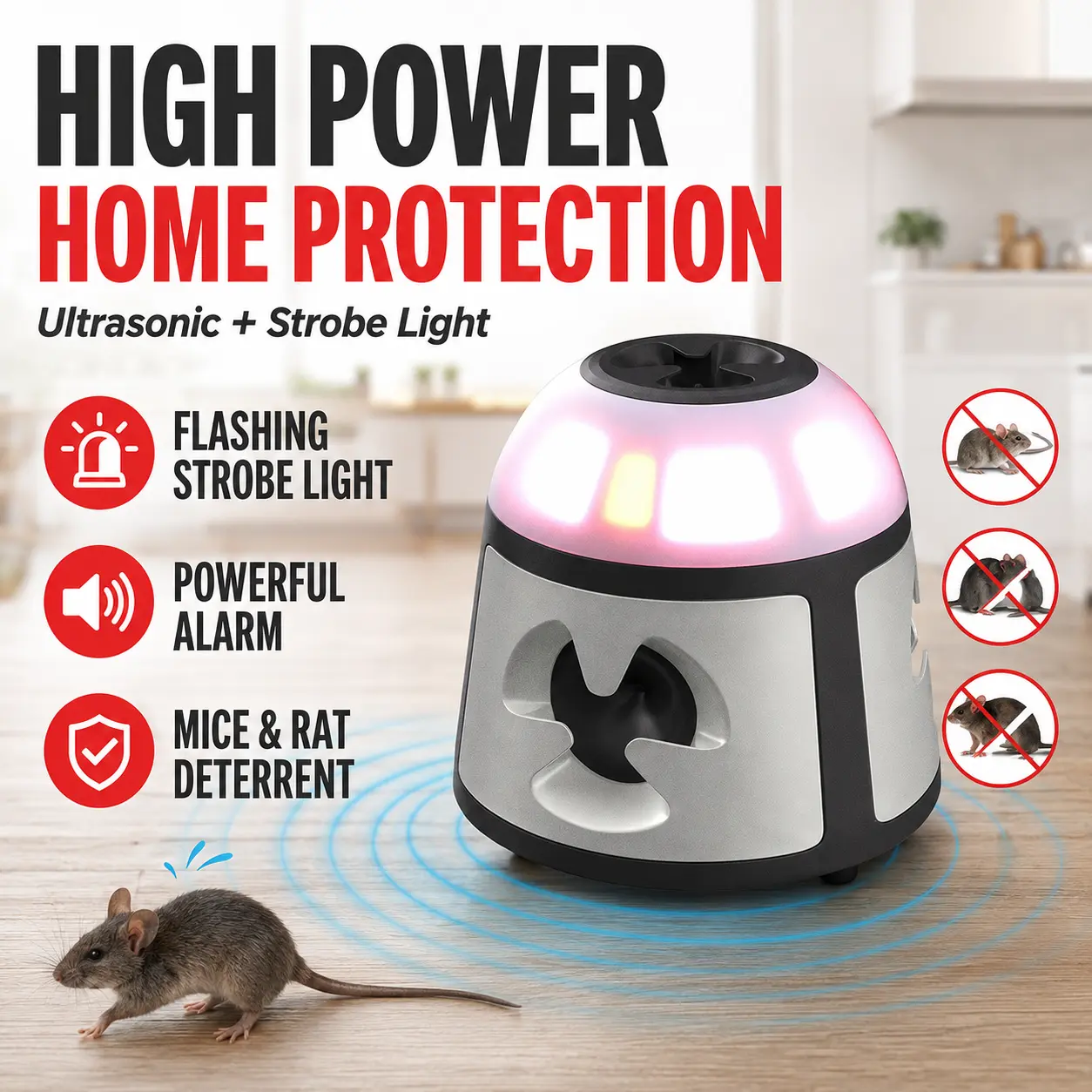 360 °   Ultrasonic Rodent Repellent with Strobe Light, High Power Pest Control Device for Mice, Rats and Small Pests, Indoor Home Protection Solution