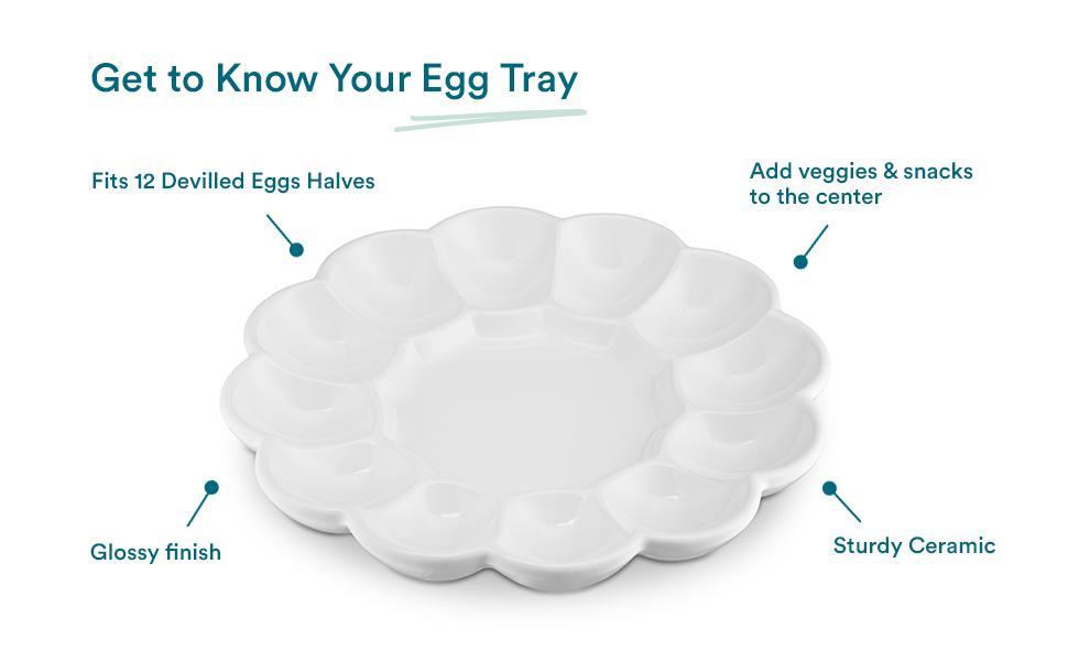 KooK Deviled Egg Platter Tray, Ceramic Easter Egg Holder, Holds 12 Eggs, Ceramic Dish, Display Holder, Dishwasher Safe, Microwave Safe, freezer Safe, Sleek, 10 Inch Diameter, White