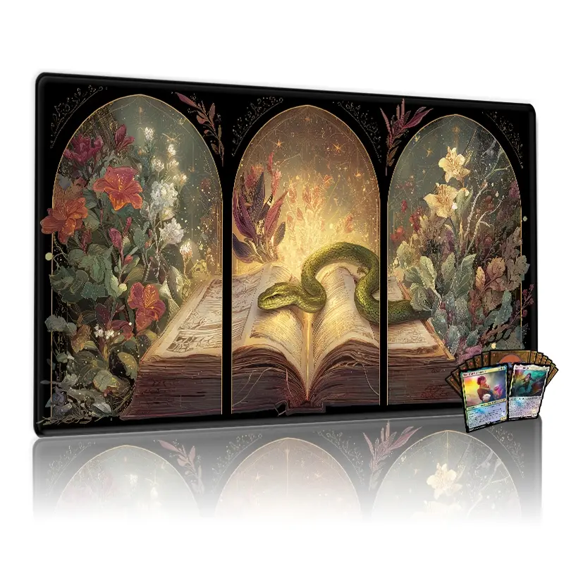 Fantasy Magical Open Book & Floral Triptych MTG Playmat - 12x24in Non-Slip, Ideal for TCG Games Party Family Use, Perfect Gift for Enthusiasts with Enchanted Botanical Illustrations