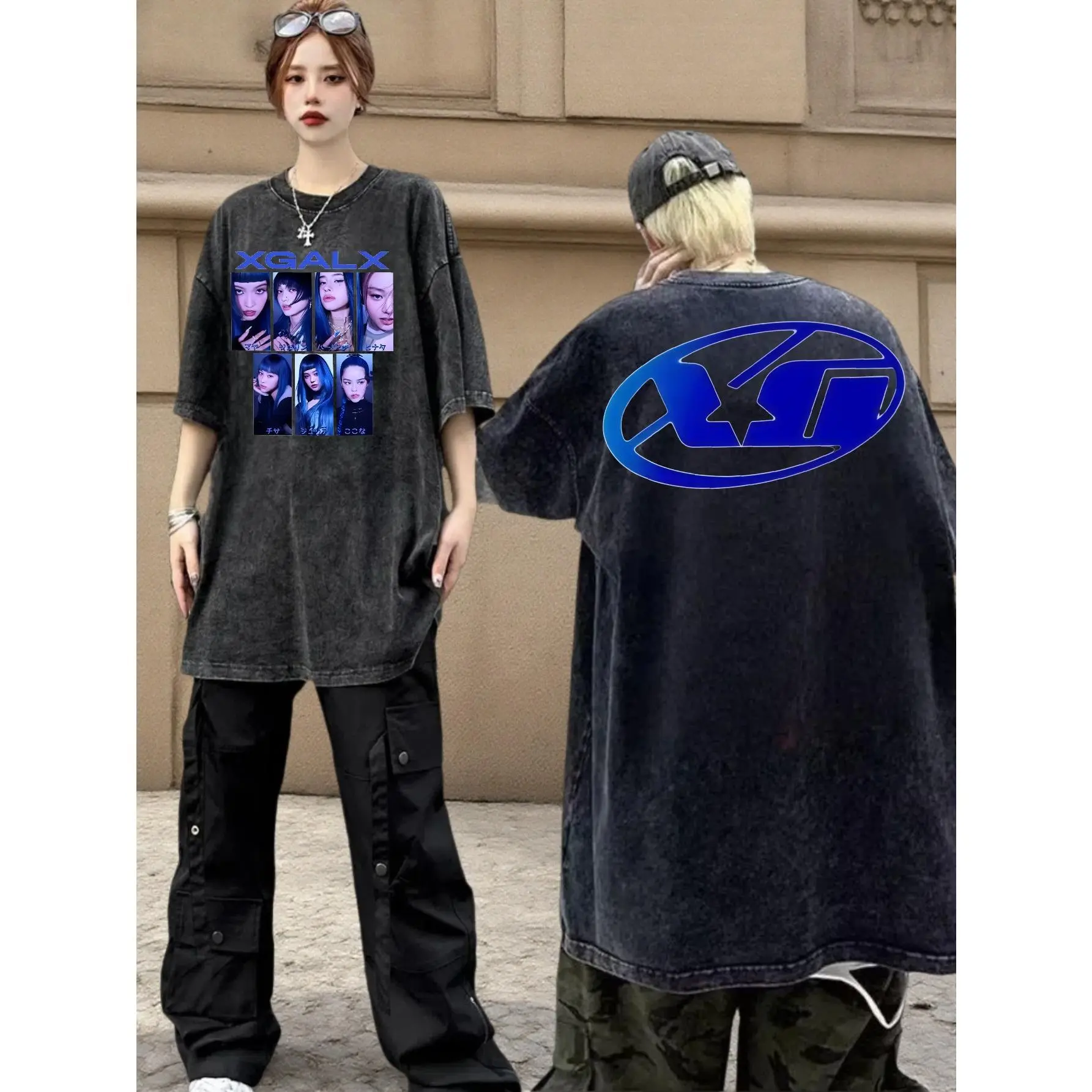 Retro washed oversized black T-shirt, unisex, XG logo, XGALX member, extraordinary girl graphic T-shirt, 100% cotton, women's T-shirt, aesthetic clothing.