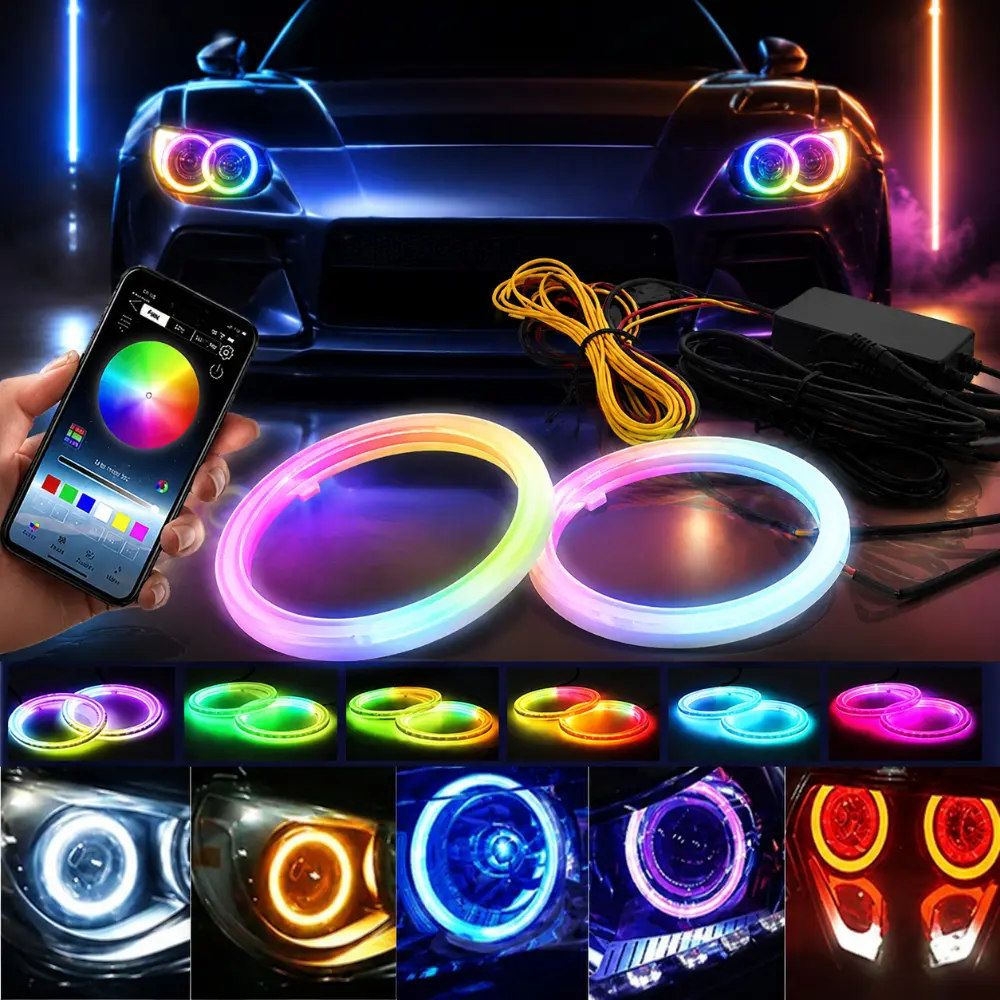 2PCS RGB LED Angel Eyes Halo Rings, APP Control Compatible, 12V/24V Voltage Supported, High-Performance Car Interior Lighting, Cars Accessories, Suitable for Cars, UTVs and Motorcycles, Car Headlight Fog Light Modified Tail Light Daytime Running Light