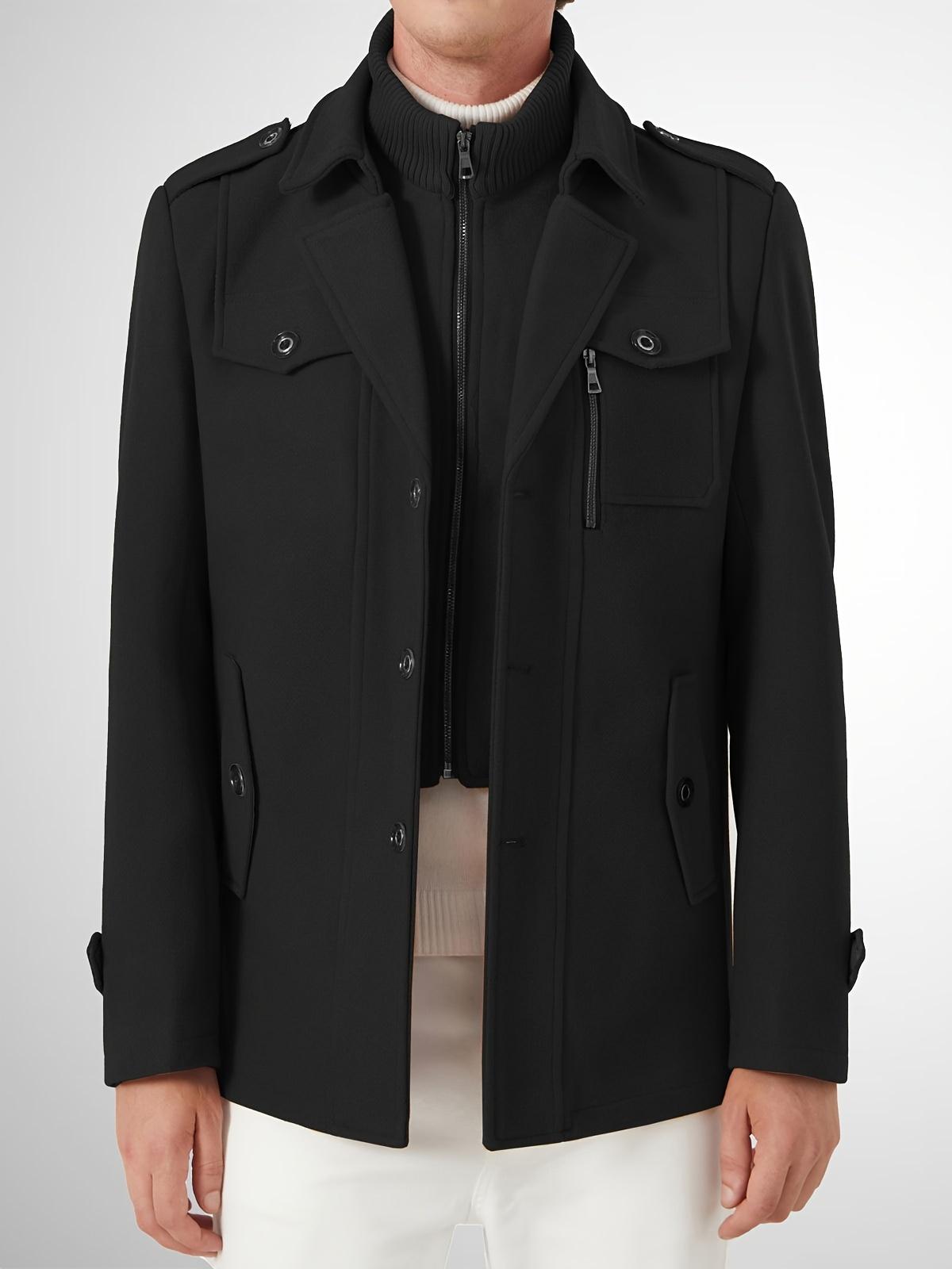 Men's wool-blend double-necked trench coat Detachable collar Single-breasted Winter tweed coat Casual warm coat Classic winter coat