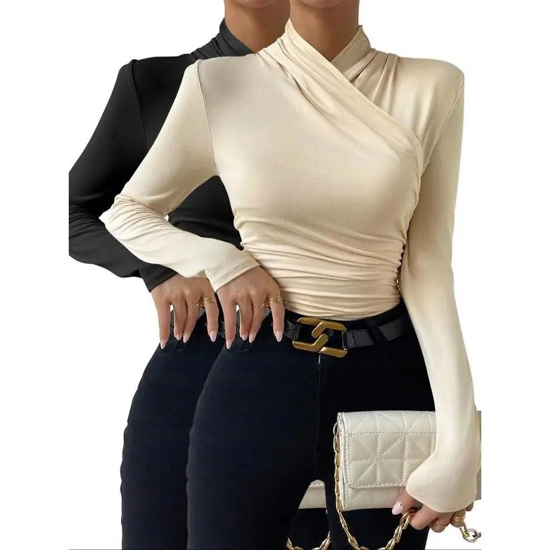 Women's Plain Ruched Wrap Mock Neck Tee, Casual Long Sleeve T-Shirt for Spring & Fall, Ladies Clothes for Daily Wear