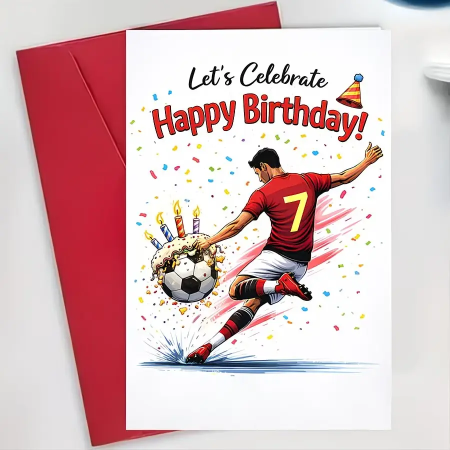 Football Lover's Birthday Greeting Card, One Piece Design with Soccer Ball and Cake, Includes Envelope, Perfect for Young Fans