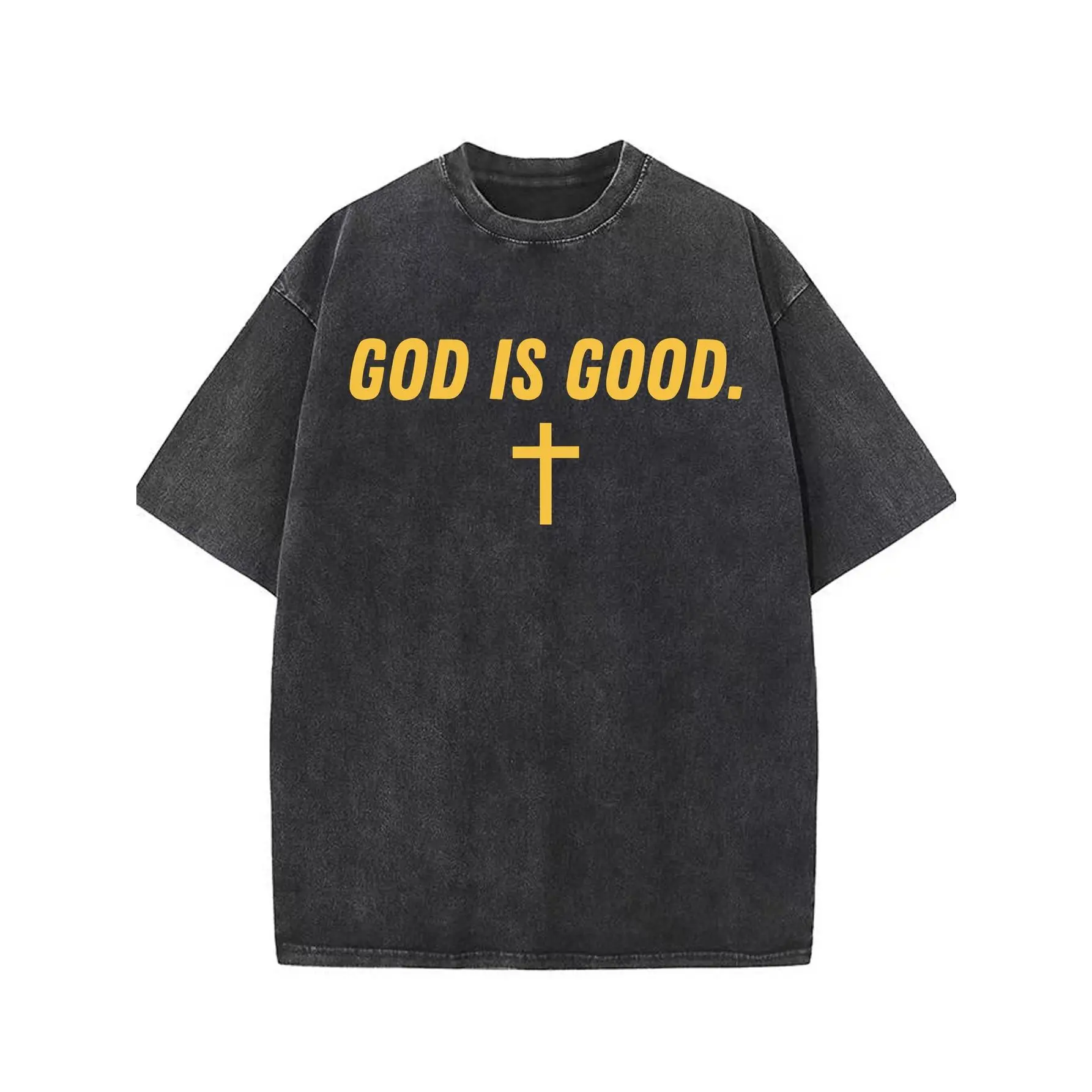 Men's 2026 Thick Short-Sleeve Cotton Casual T-Shirt - Vintage Water-Washed Look, Acid-Washed Batik Design, Retro Street Style, Letter Slogan, Geometric Patterns, Loose Fit, Breathable Comfy Feel