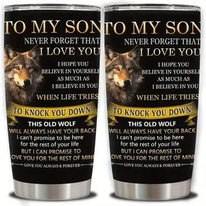 20oz Wolf Pattern Stainless Steel Insulated Vacuum Flask - Portable Travel Tumbler with Inspirational Quotes, Double Wall Design, Bold Graphics, Durable Drink Container for Hot & Cold Drinks, Ideal for Camping, Perfect Gift for Son, Insulated Flask