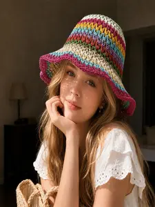 Boho Rainbow Striped Crochet Hat, Wide Brim Foldable Sun Hat, Lightweight Breathable Beach Hat, Summer Travel Accessory for Women