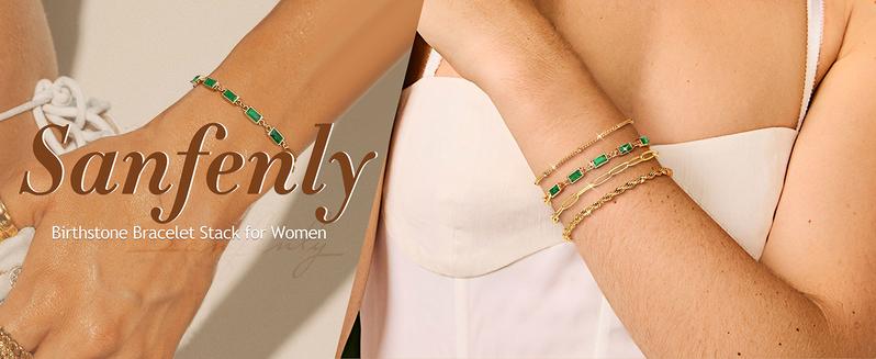 Sanfenly Gold Birthstone Bracelets for Women 14K Gold Plated Waterproof Non Tarnish Dainty Stackable Bracelet Emerald Green Friendship Jewelry Gift for Mom