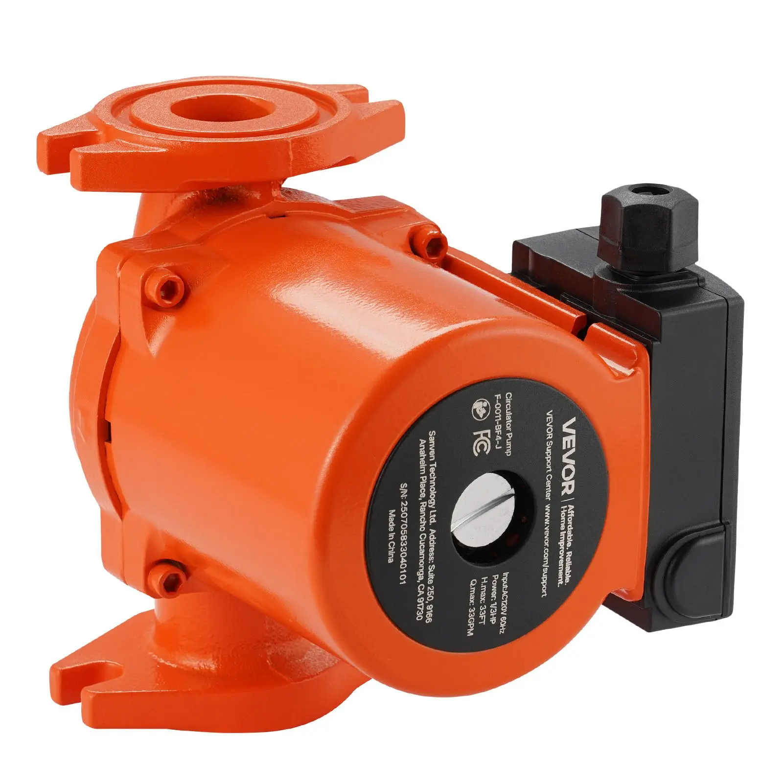 VEVOR F-0011-BF4-J Cast Iron Circulator Pump, 1/3 HP, 120V AC, 33 GPM, 33 ft Head, 1-1/4 in Flange, 3-Speed Adjustment, Quiet Operation, 12.13 lbs, 248.57w±15%, IP44 Rated, Easy Installation, Efficient Heating, Home Heating Boiler Equipment Replacement