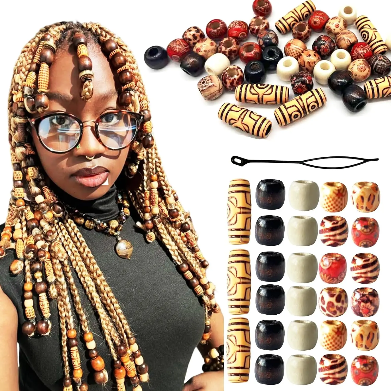 60 count  Hair Beads for Braids Loc Hair Wooden Bead Dreadlock Accessories Multi Shape   Loc Beads Hair Decoration for Women/Men