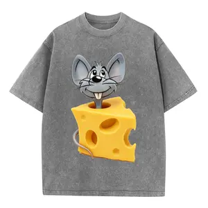 【Super T-Shirt】Summer washed vintage-style T-shirt, cartoon mouse in cheese graphic tee, funny cute rat print short-sleeve T-shirt, playful streetwear outfit, retro style,  kawaii street style, casual daily top, fun novelty fashion gift.