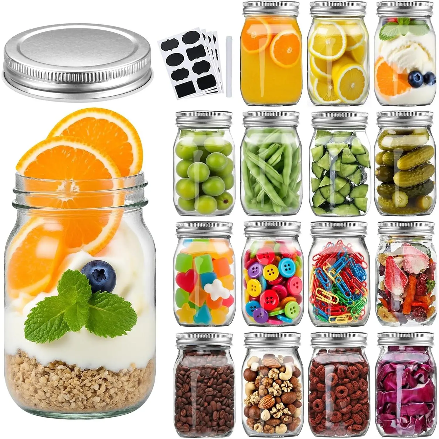 16 Pack 16oz Pint Glass Mason Jars with Regular Airtight Lids, Clear Jars for Canning, Pickling, Meal Prep, Jam, Honey, DIY Shower/Wedding Favors, Labels & Pen Included