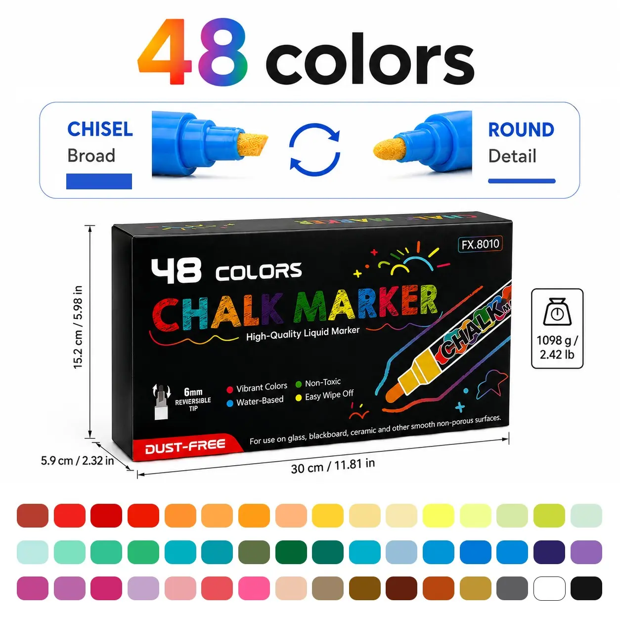 8-48 Color Liquid Chalk Pen, Dust-Free Erasable Water-Soluble Chalk, Fluorescent Marker for Whiteboard, Blackboard, Glass, Car Windows, Chalk Markers