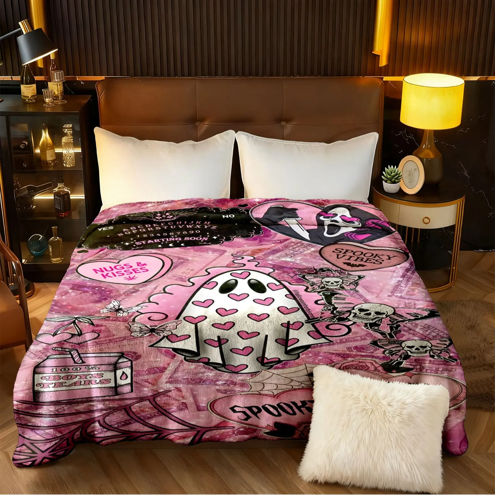 Coquette Spooky Ghost Blanket, Heart Ghost Ghostface Skull Butterfly Ouija Pattern, Soft Flannel Throw, Lightweight Halloween Decor